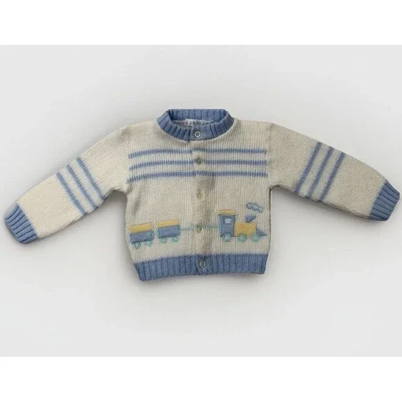 Vintage Baby Cardigan Sweater Train Knit 12 Months Blue White Cradles Sweet - Picture 1 of 7